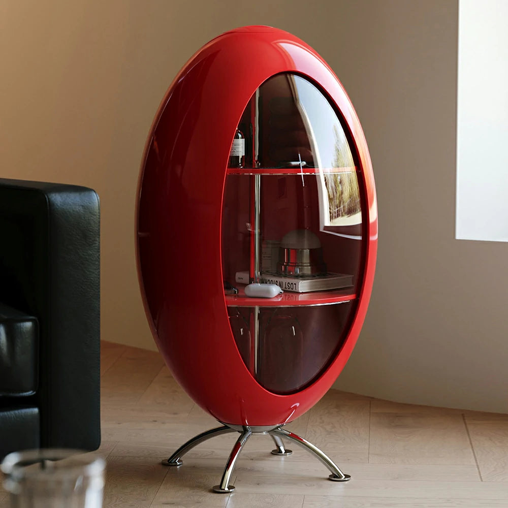 LIVARA Modern Egg-Shaped Storage Cabinet - Rotating Display Shelves with Tempered Glass, Glossy ABS Shell & Stainless Steel Base, Artistic Accent Organizer - Red