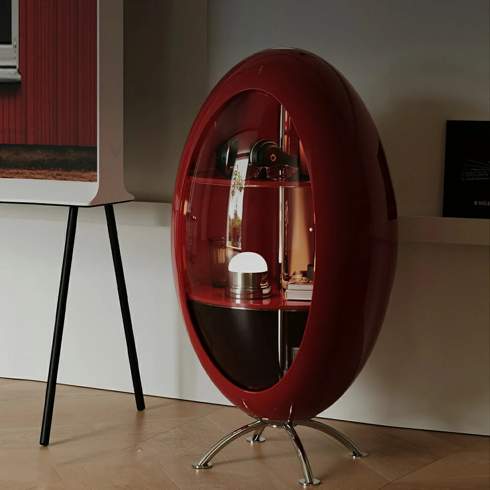 LIVARA Modern Egg-Shaped Storage Cabinet - Rotating Display Shelves with Tempered Glass, Glossy ABS Shell & Stainless Steel Base, Artistic Accent Organizer - Red