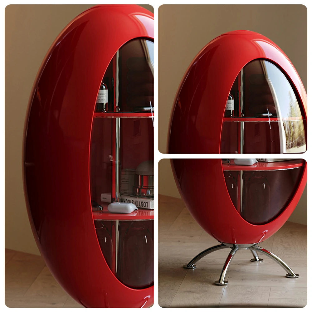 LIVARA Modern Egg-Shaped Storage Cabinet - Rotating Display Shelves with Tempered Glass, Glossy ABS Shell & Stainless Steel Base, Artistic Accent Organizer - Red