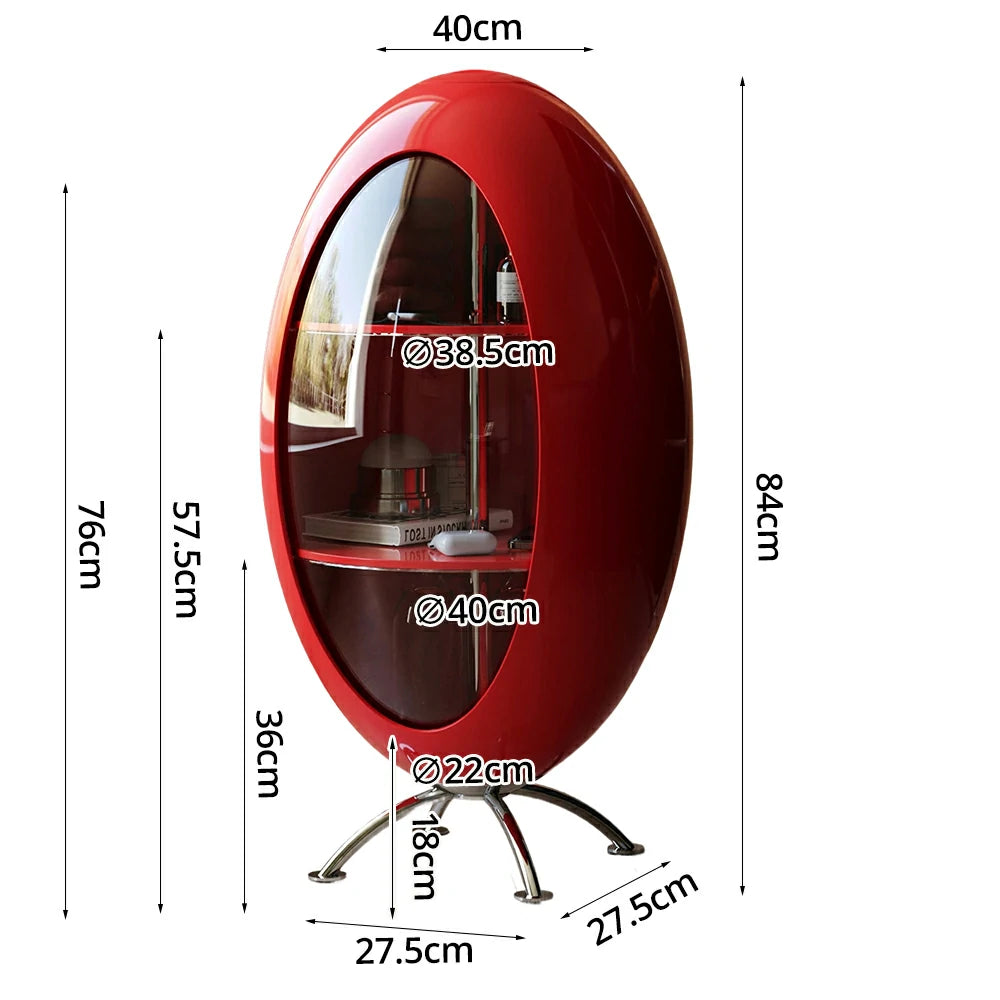 LIVARA Modern Egg-Shaped Storage Cabinet - Rotating Display Shelves with Tempered Glass, Glossy ABS Shell & Stainless Steel Base, Artistic Accent Organizer - Red