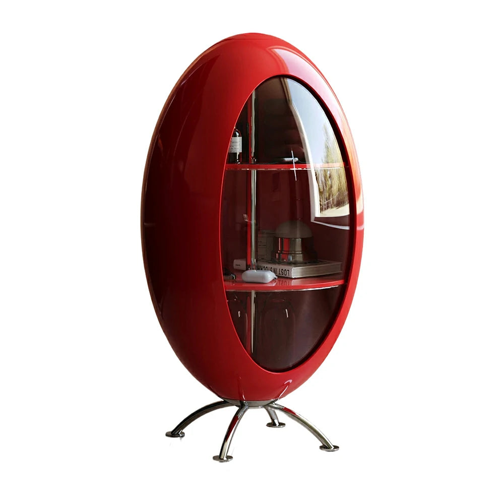 LIVARA Modern Egg-Shaped Storage Cabinet - Rotating Display Shelves with Tempered Glass, Glossy ABS Shell & Stainless Steel Base, Artistic Accent Organizer - Red
