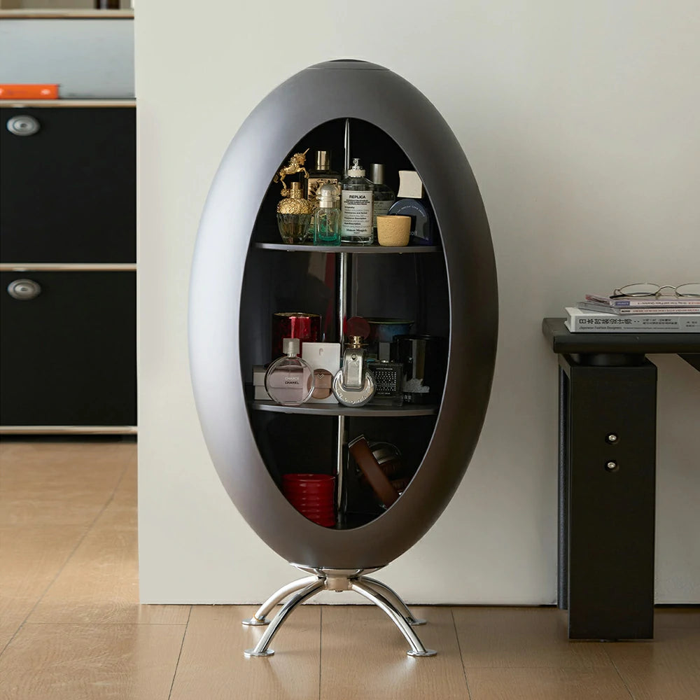 LIVARA Modern Egg-Shaped Storage Cabinet - Rotating Display Shelves with Tempered Glass, Glossy ABS Shell & Stainless Steel Base, Artistic Accent Organizer - Grey