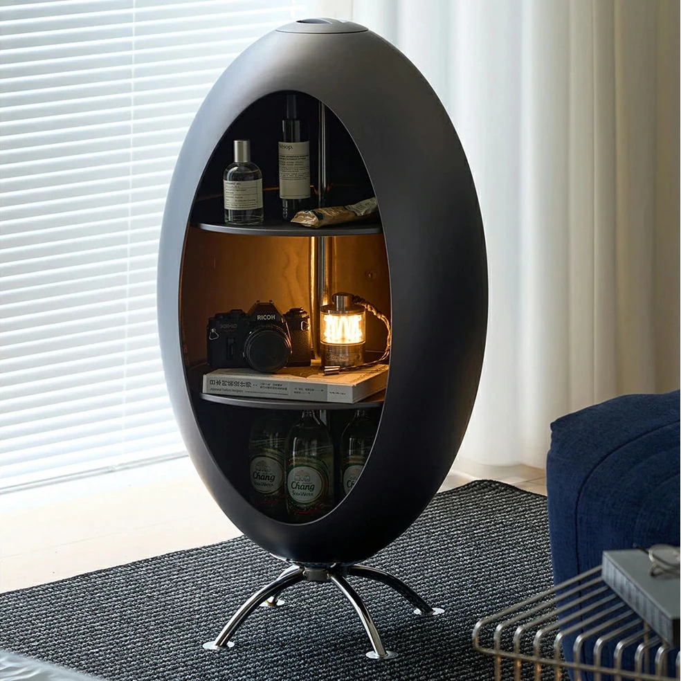 LIVARA Modern Egg-Shaped Storage Cabinet - Rotating Display Shelves with Tempered Glass, Glossy ABS Shell & Stainless Steel Base, Artistic Accent Organizer - Grey