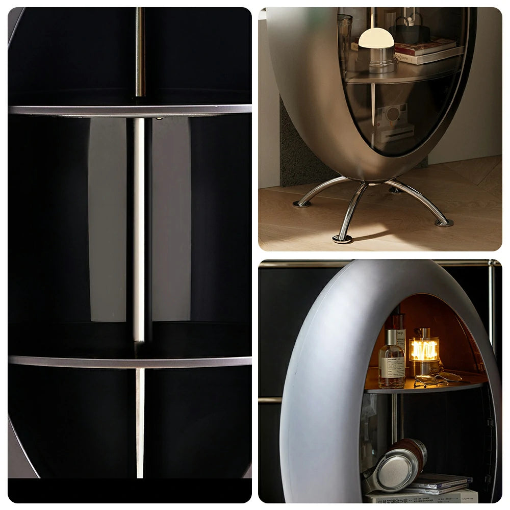 LIVARA Modern Egg-Shaped Storage Cabinet - Rotating Display Shelves with Tempered Glass, Glossy ABS Shell & Stainless Steel Base, Artistic Accent Organizer - Grey