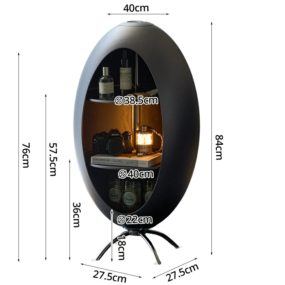 LIVARA Modern Egg-Shaped Storage Cabinet - Rotating Display Shelves with Tempered Glass, Glossy ABS Shell & Stainless Steel Base, Artistic Accent Organizer - Grey