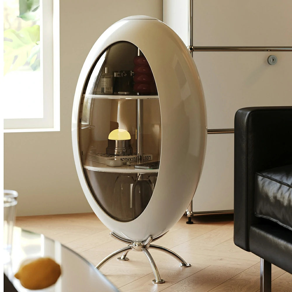 LIVARA Modern Egg-Shaped Storage Cabinet - Rotating Display Shelves with Tempered Glass, Glossy ABS Shell & Stainless Steel Base, Artistic Accent Organizer - White