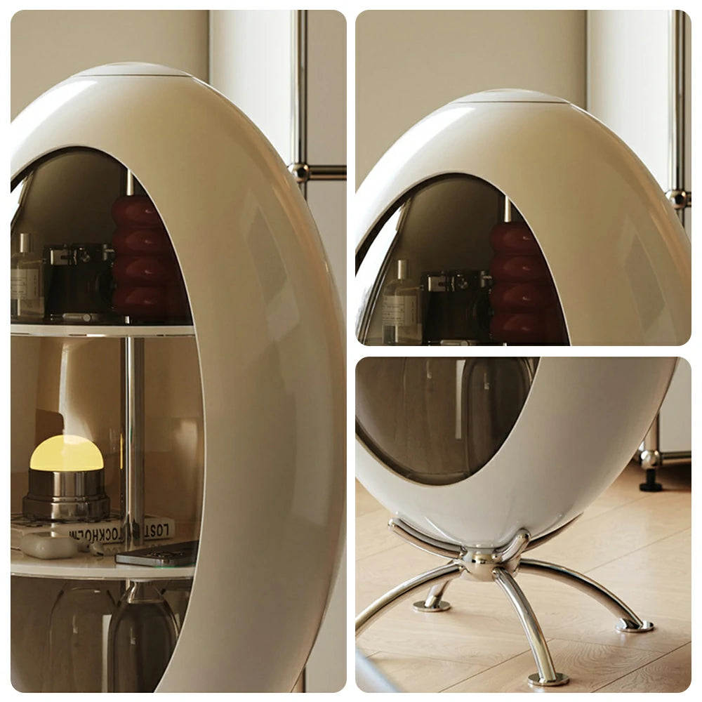 LIVARA Modern Egg-Shaped Storage Cabinet - Rotating Display Shelves with Tempered Glass, Glossy ABS Shell & Stainless Steel Base, Artistic Accent Organizer - White