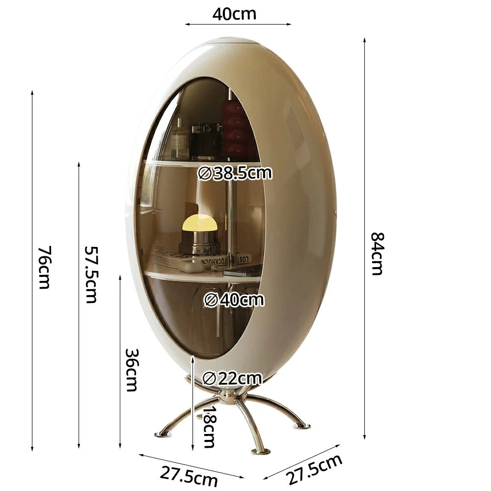 LIVARA Modern Egg-Shaped Storage Cabinet - Rotating Display Shelves with Tempered Glass, Glossy ABS Shell & Stainless Steel Base, Artistic Accent Organizer - White