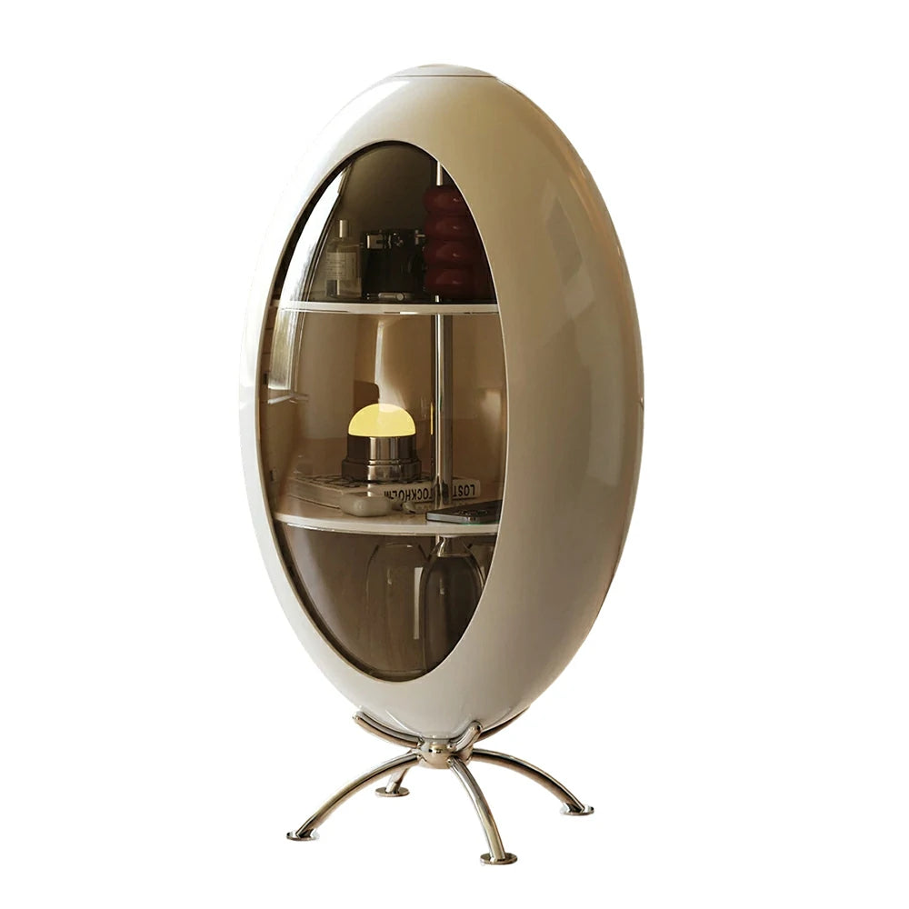 LIVARA Modern Egg-Shaped Storage Cabinet - Rotating Display Shelves with Tempered Glass, Glossy ABS Shell & Stainless Steel Base, Artistic Accent Organizer - White