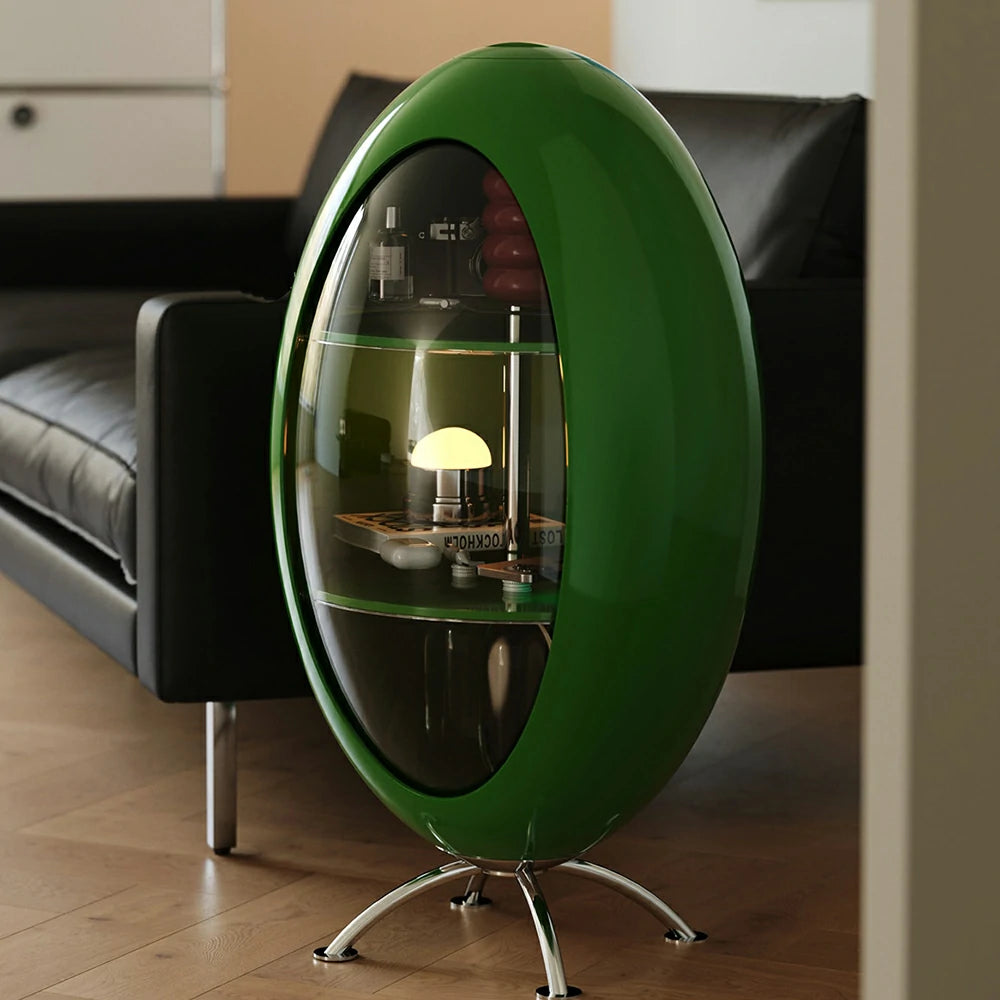LIVARA Modern Egg-Shaped Storage Cabinet - Rotating Display Shelves with Tempered Glass, Glossy ABS Shell & Stainless Steel Base, Artistic Accent Organizer - Green