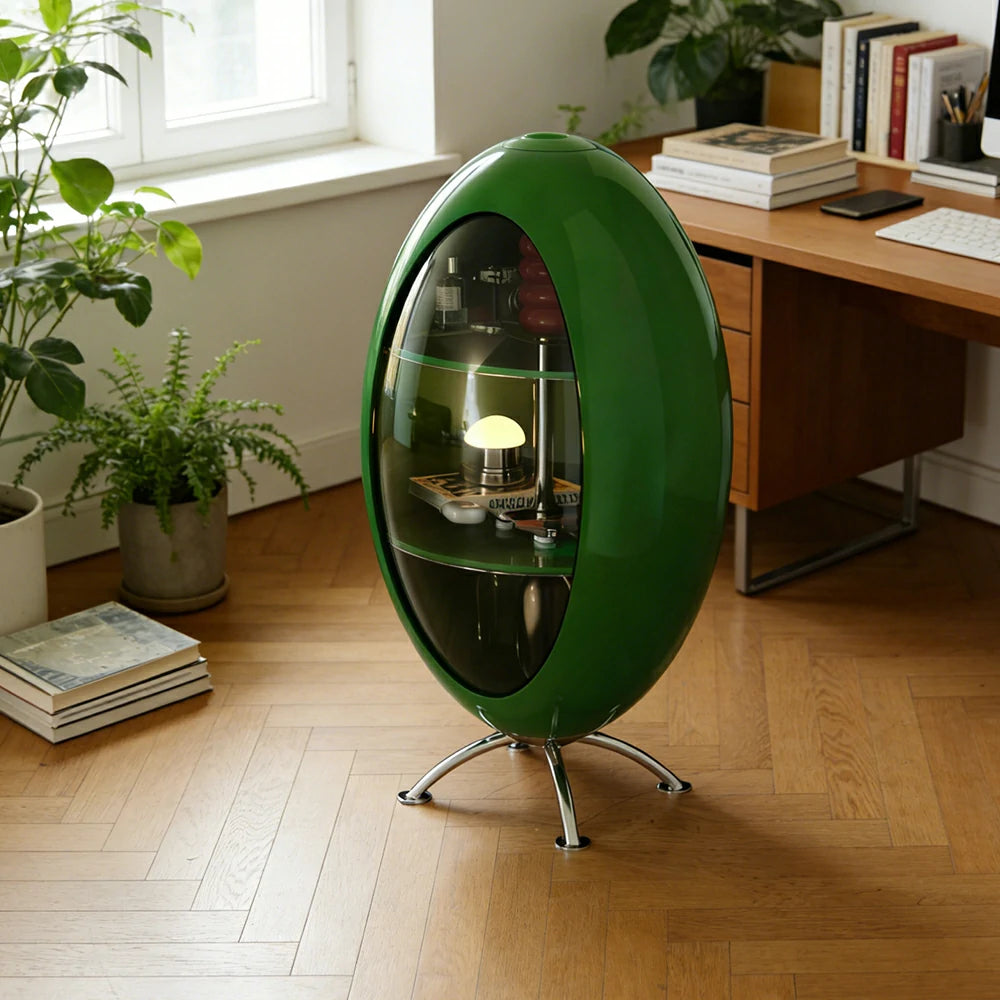 LIVARA Modern Egg-Shaped Storage Cabinet - Rotating Display Shelves with Tempered Glass, Glossy ABS Shell & Stainless Steel Base, Artistic Accent Organizer - Green