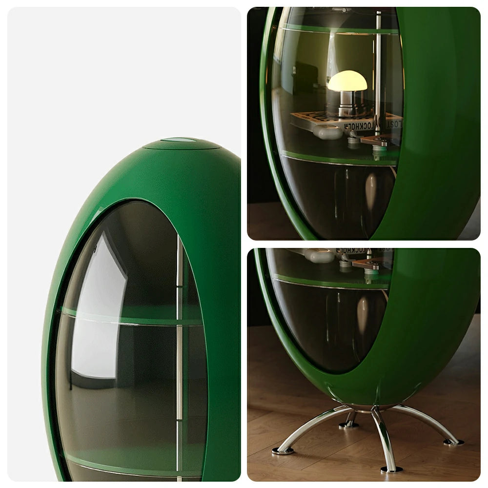 LIVARA Modern Egg-Shaped Storage Cabinet - Rotating Display Shelves with Tempered Glass, Glossy ABS Shell & Stainless Steel Base, Artistic Accent Organizer - Green