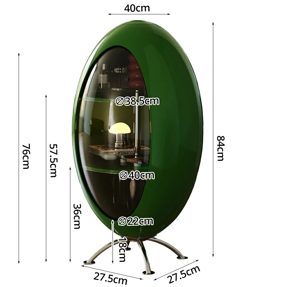 LIVARA Modern Egg-Shaped Storage Cabinet - Rotating Display Shelves with Tempered Glass, Glossy ABS Shell & Stainless Steel Base, Artistic Accent Organizer - Green