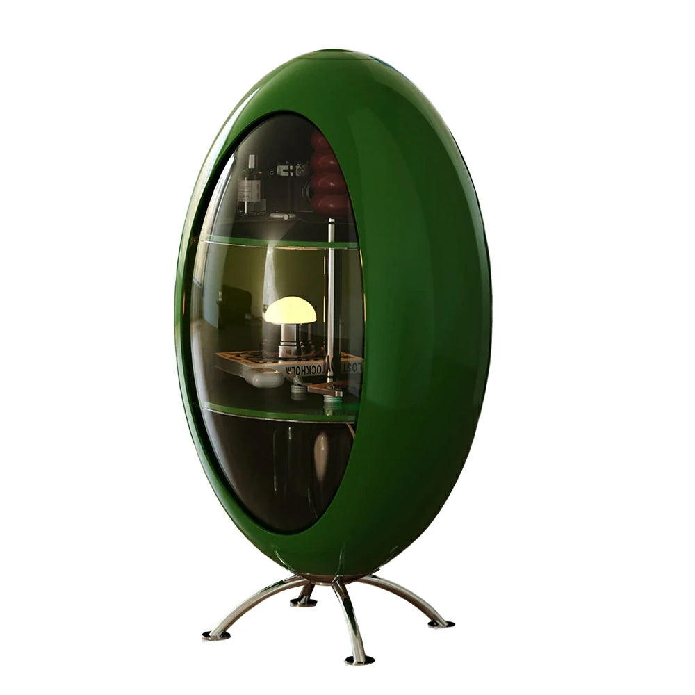 LIVARA Modern Egg-Shaped Storage Cabinet - Rotating Display Shelves with Tempered Glass, Glossy ABS Shell & Stainless Steel Base, Artistic Accent Organizer - Green