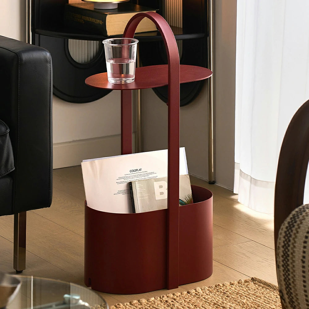 LIVARA Modern Arch Handle Side Table - Integrated Carry Design with Open Storage Base, Minimalist Accent End Table for Living Room & Bedroom - Bordeaux Red