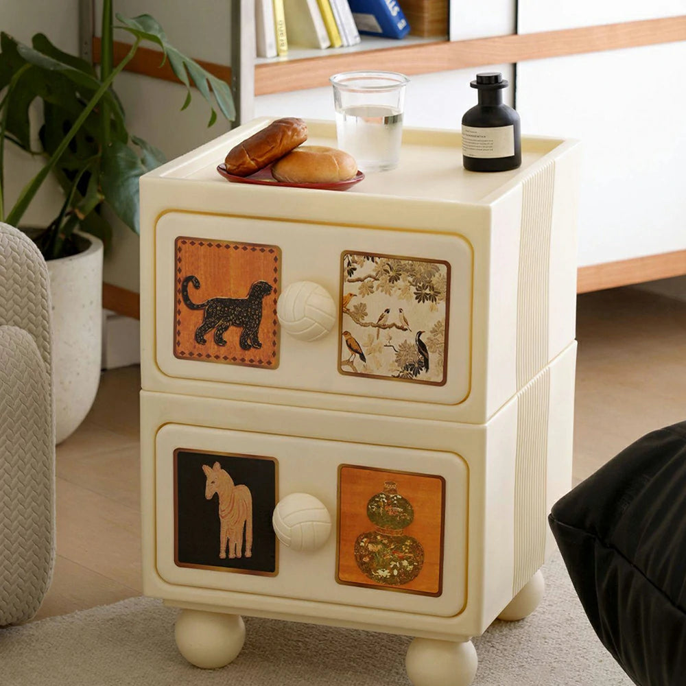 LIVARA Vintage Leopard Nightstand - Double Drawer Bedside Table with Eco PE Body, Rounded Edges & Decorative Art Panels, Compact Storage Cabinet - Cream White