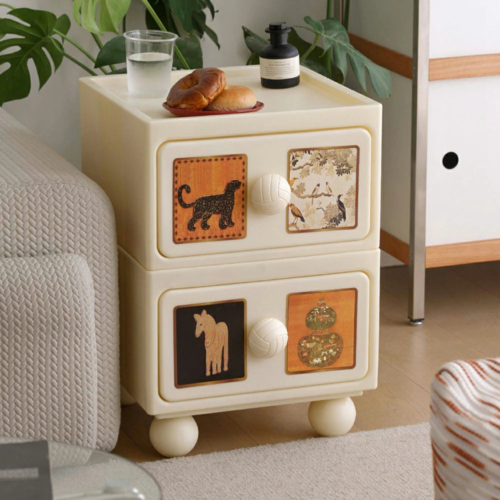LIVARA Vintage Leopard Nightstand - Double Drawer Bedside Table with Eco PE Body, Rounded Edges & Decorative Art Panels, Compact Storage Cabinet - Cream White