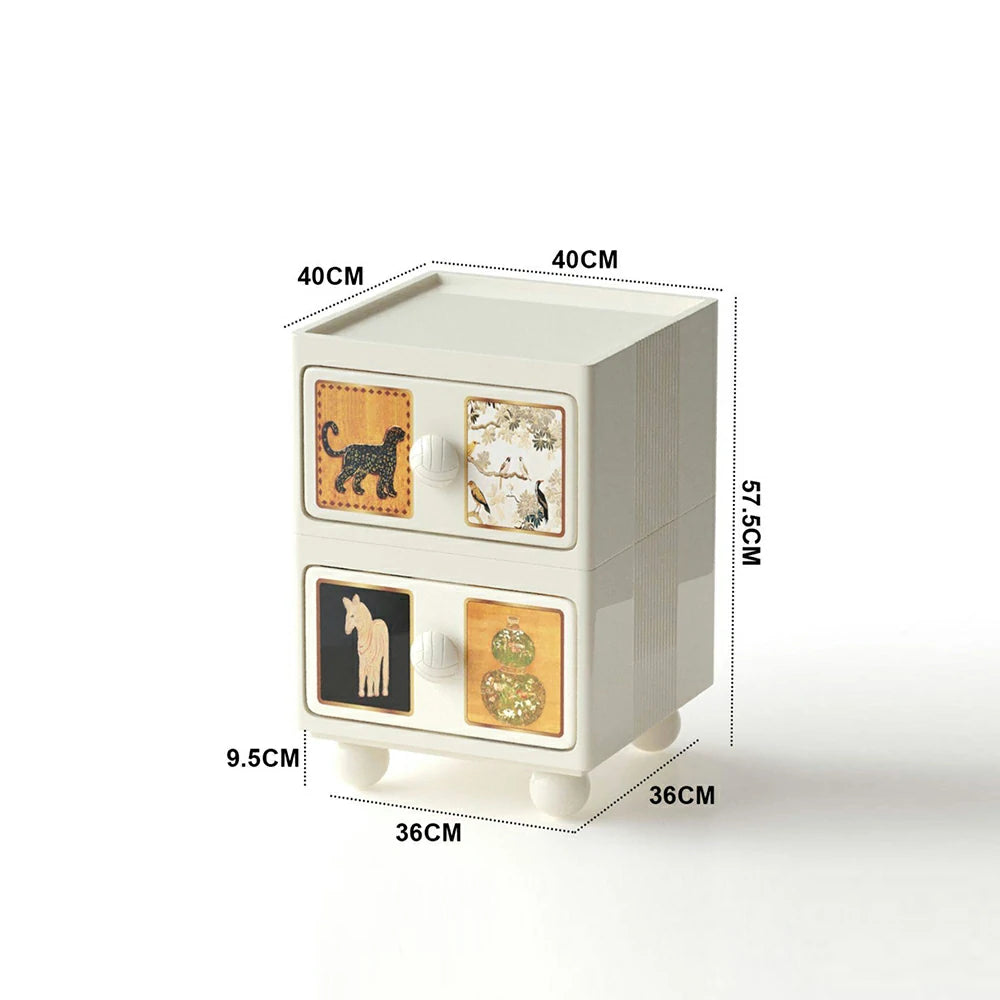 LIVARA Vintage Leopard Nightstand - Double Drawer Bedside Table with Eco PE Body, Rounded Edges & Decorative Art Panels, Compact Storage Cabinet - Cream White