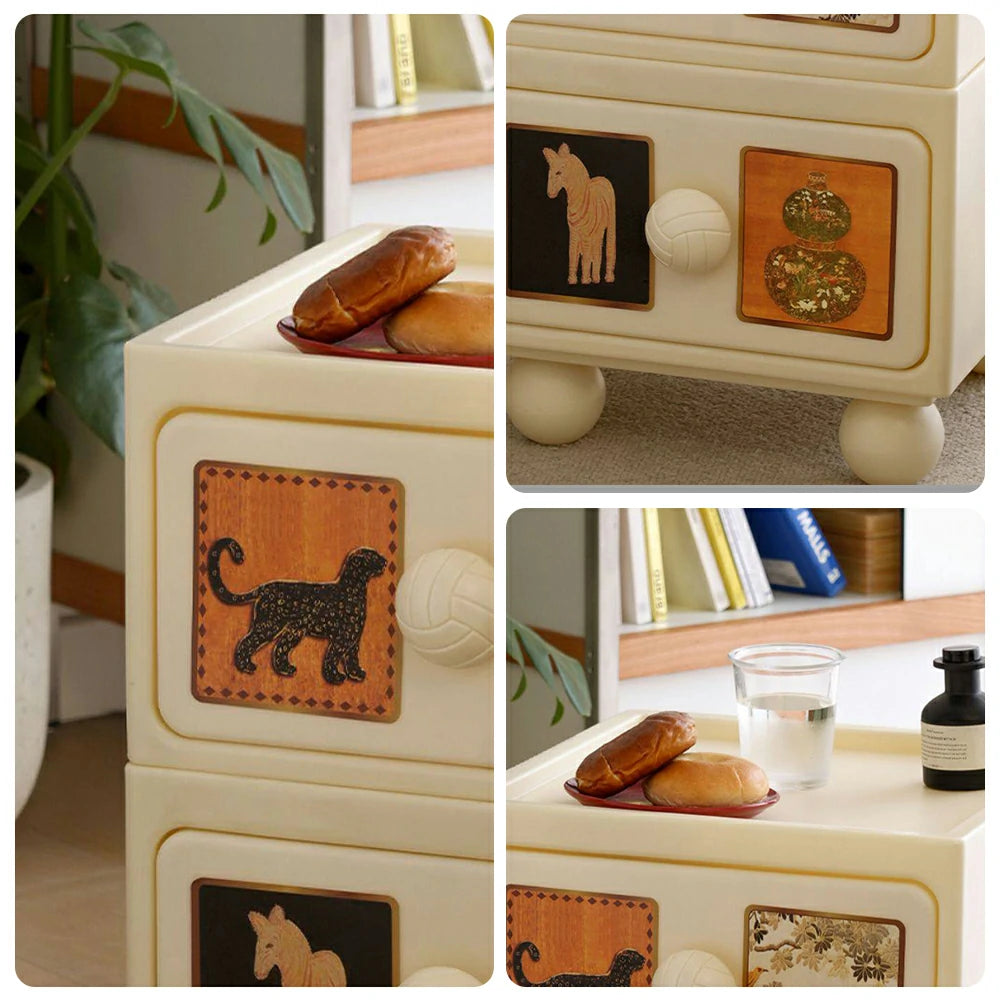 LIVARA Vintage Leopard Nightstand - Double Drawer Bedside Table with Eco PE Body, Rounded Edges & Decorative Art Panels, Compact Storage Cabinet - Cream White
