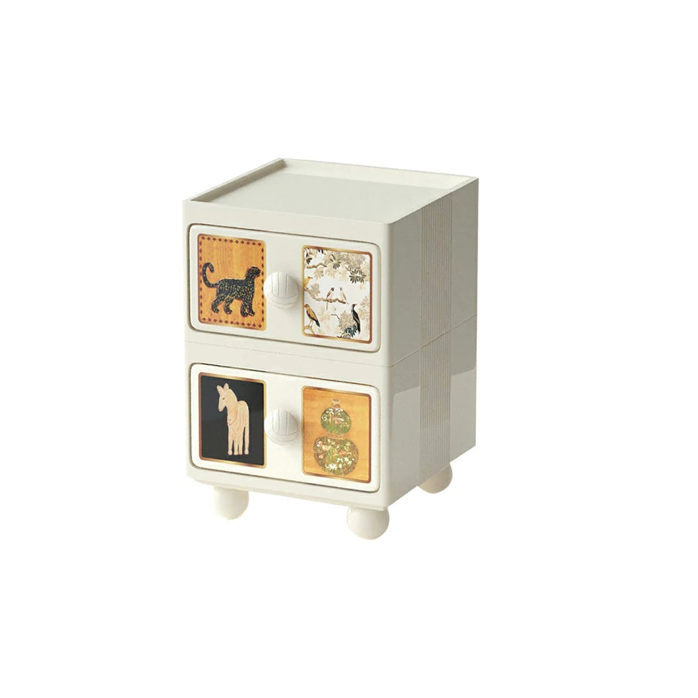 LIVARA Vintage Leopard Nightstand - Double Drawer Bedside Table with Eco PE Body, Rounded Edges & Decorative Art Panels, Compact Storage Cabinet - Cream White
