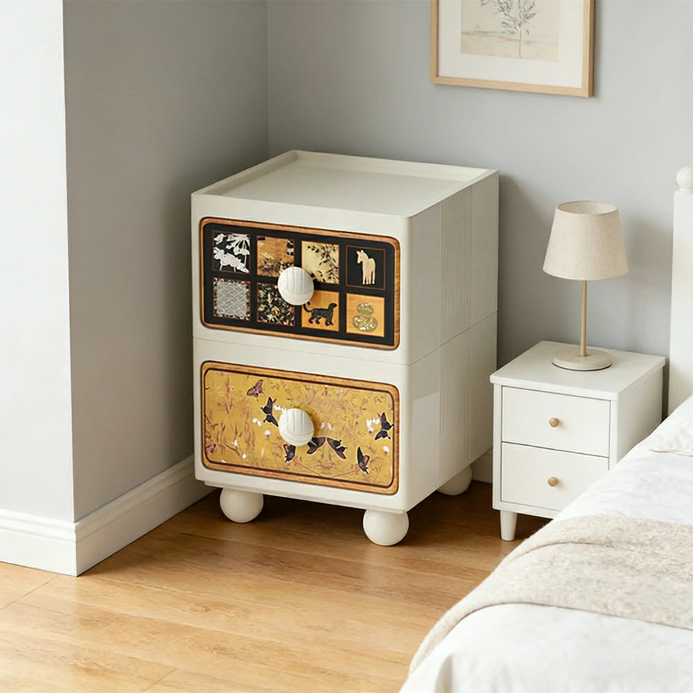 LIVARA Vintage Pony Nightstand - Double Drawer Bedside Table with Eco PE Body, Rounded Edges & Decorative Art Panels, Compact Storage Cabinet - Cream White