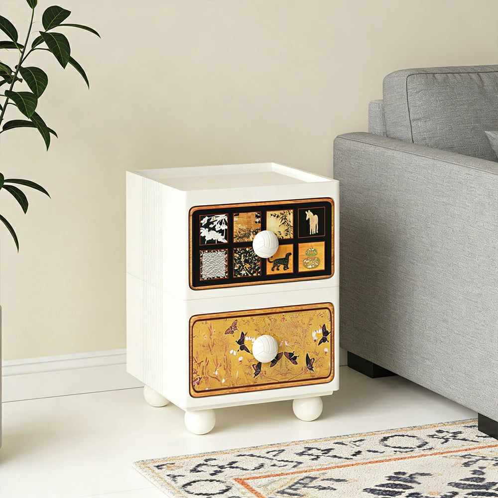 LIVARA Vintage Pony Nightstand - Double Drawer Bedside Table with Eco PE Body, Rounded Edges & Decorative Art Panels, Compact Storage Cabinet - Cream White