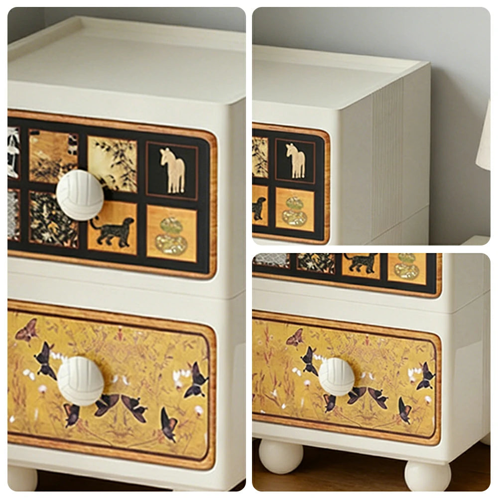 LIVARA Vintage Pony Nightstand - Double Drawer Bedside Table with Eco PE Body, Rounded Edges & Decorative Art Panels, Compact Storage Cabinet - Cream White