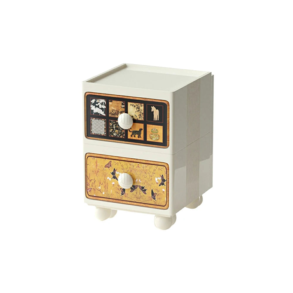 LIVARA Vintage Pony Nightstand - Double Drawer Bedside Table with Eco PE Body, Rounded Edges & Decorative Art Panels, Compact Storage Cabinet - Cream White