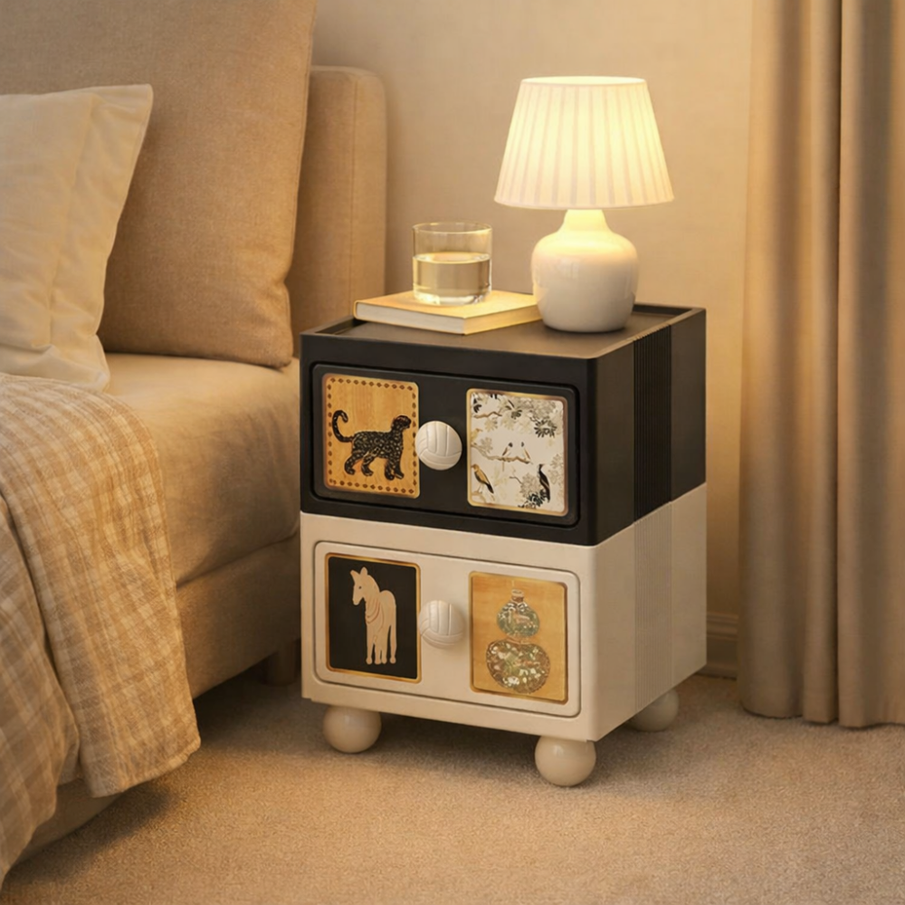 LIVARA Vintage Pony Nightstand – Double Drawer Bedside Table with Eco PE Body, Rounded Edges & Decorative Art Panels, Compact Storage Cabinet - Black & Cream Leopard