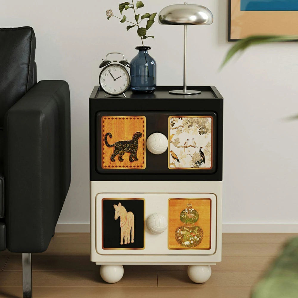 LIVARA Vintage Pony Nightstand – Double Drawer Bedside Table with Eco PE Body, Rounded Edges & Decorative Art Panels, Compact Storage Cabinet - Black & Cream Leopard