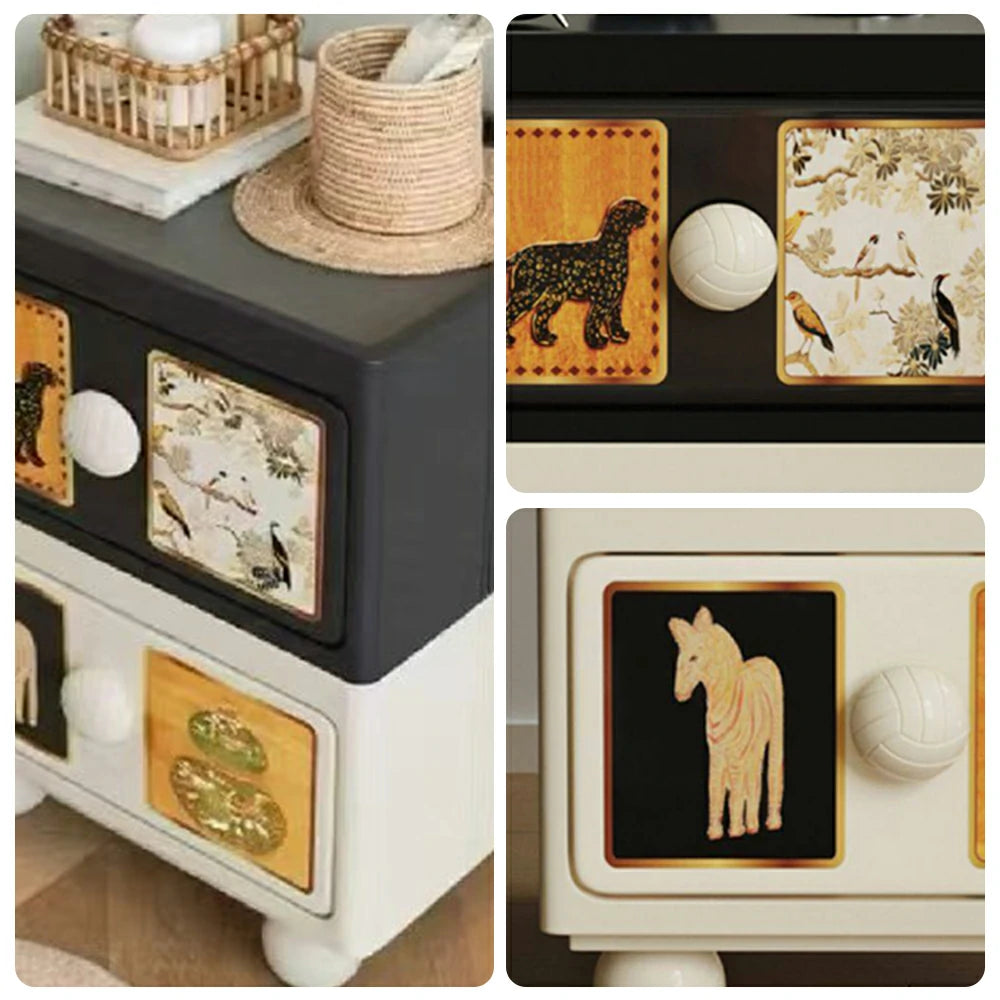 LIVARA Vintage Pony Nightstand – Double Drawer Bedside Table with Eco PE Body, Rounded Edges & Decorative Art Panels, Compact Storage Cabinet - Black & Cream Leopard