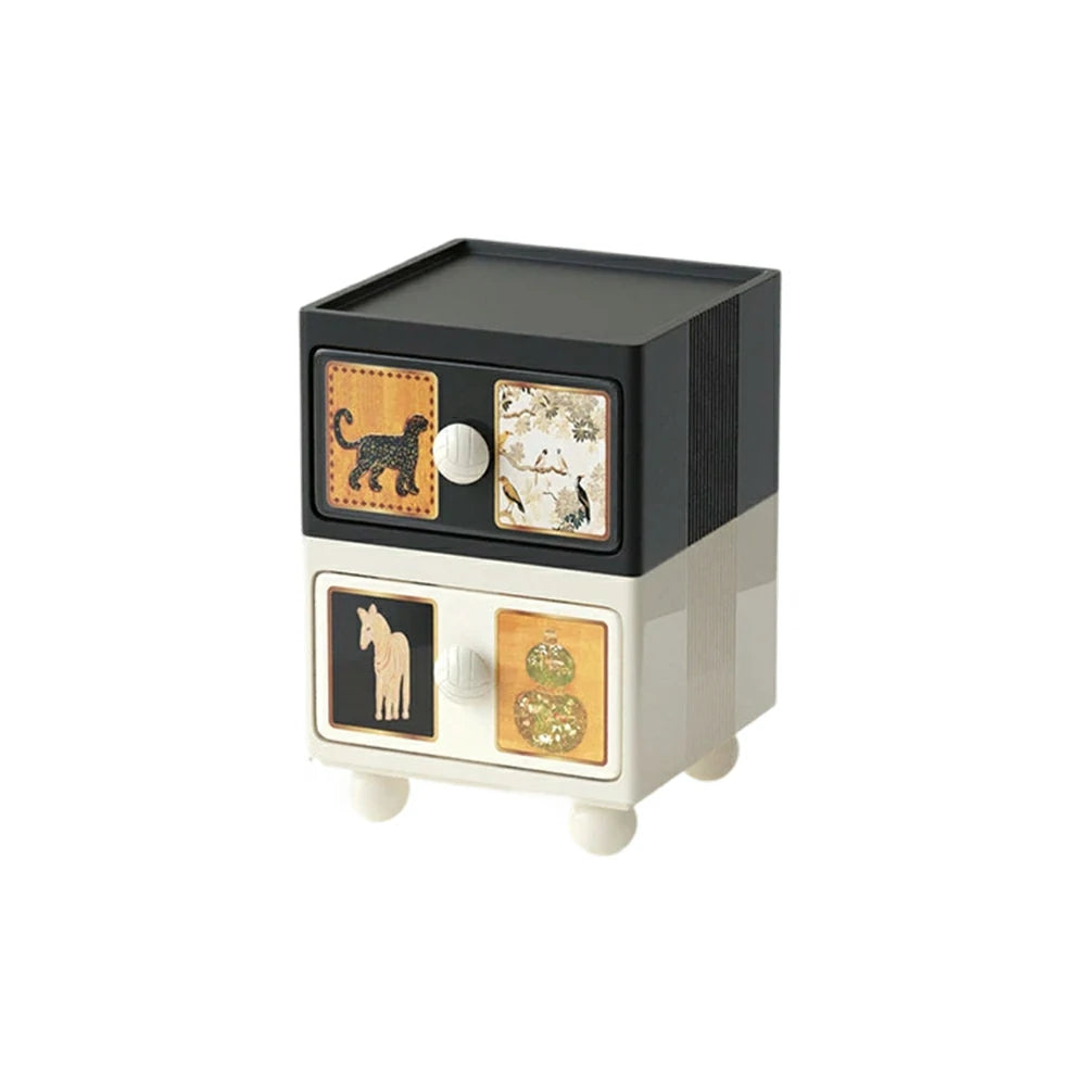 LIVARA Vintage Pony Nightstand – Double Drawer Bedside Table with Eco PE Body, Rounded Edges & Decorative Art Panels, Compact Storage Cabinet - Black & Cream Leopard
