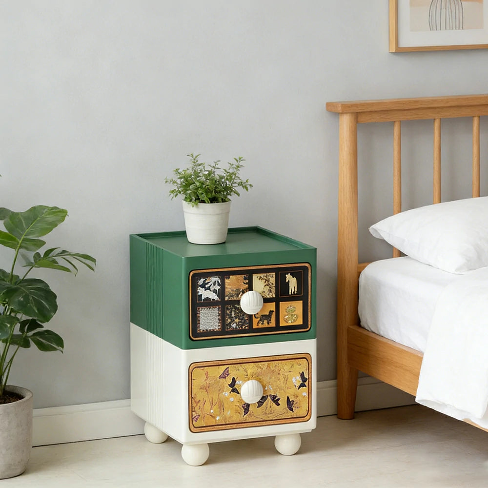 LIVARA Vintage Pony Nightstand – Double Drawer Bedside Table with Eco PE Body, Rounded Edges & Decorative Art Panels, Compact Storage Cabinet - Retro Green & Cream Pony