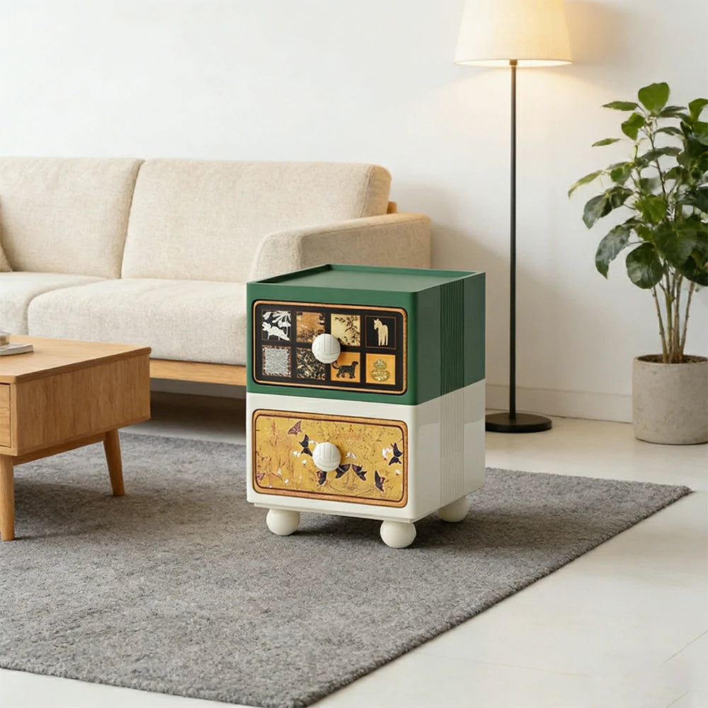 LIVARA Vintage Pony Nightstand – Double Drawer Bedside Table with Eco PE Body, Rounded Edges & Decorative Art Panels, Compact Storage Cabinet - Retro Green & Cream Pony