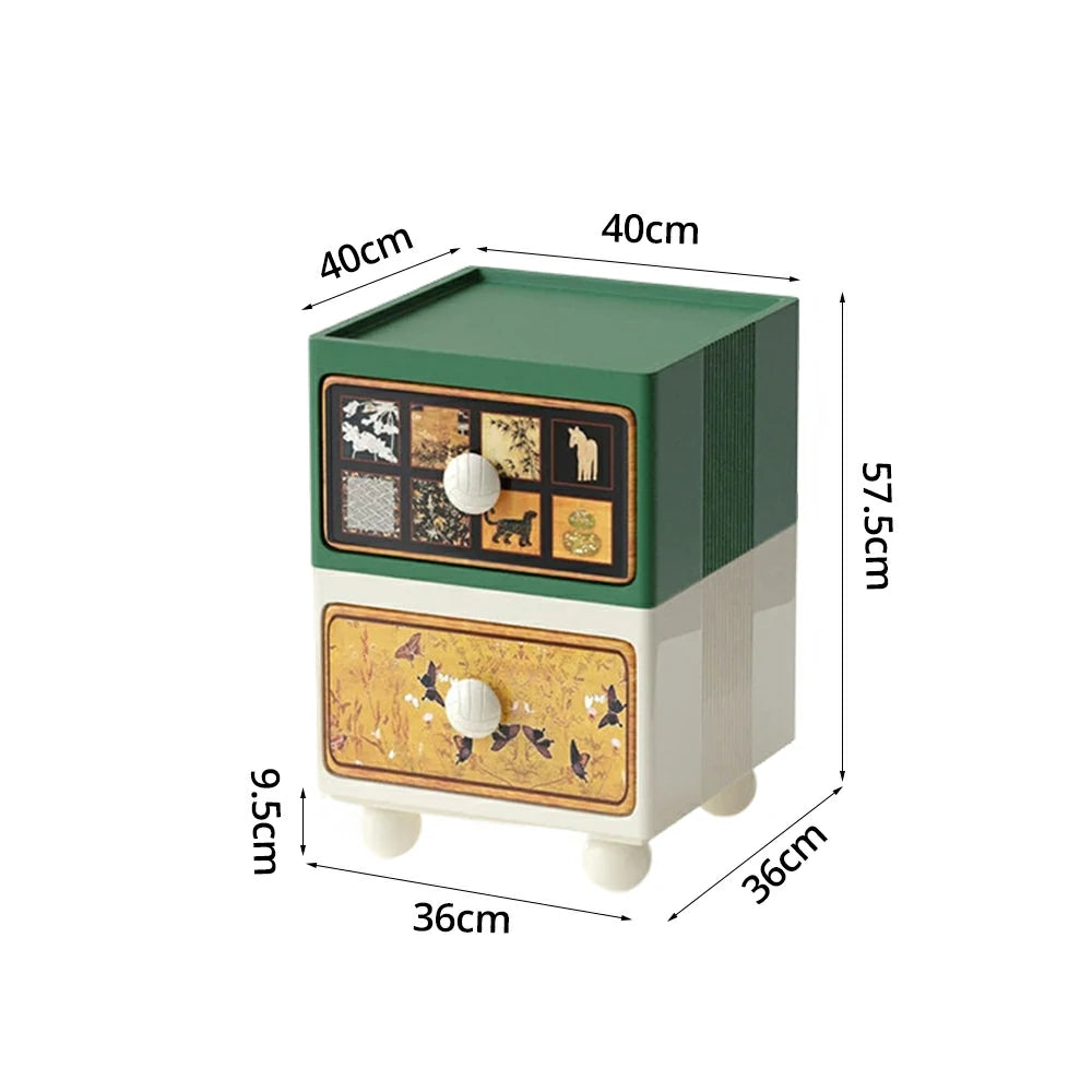 LIVARA Vintage Pony Nightstand – Double Drawer Bedside Table with Eco PE Body, Rounded Edges & Decorative Art Panels, Compact Storage Cabinet - Retro Green & Cream Pony