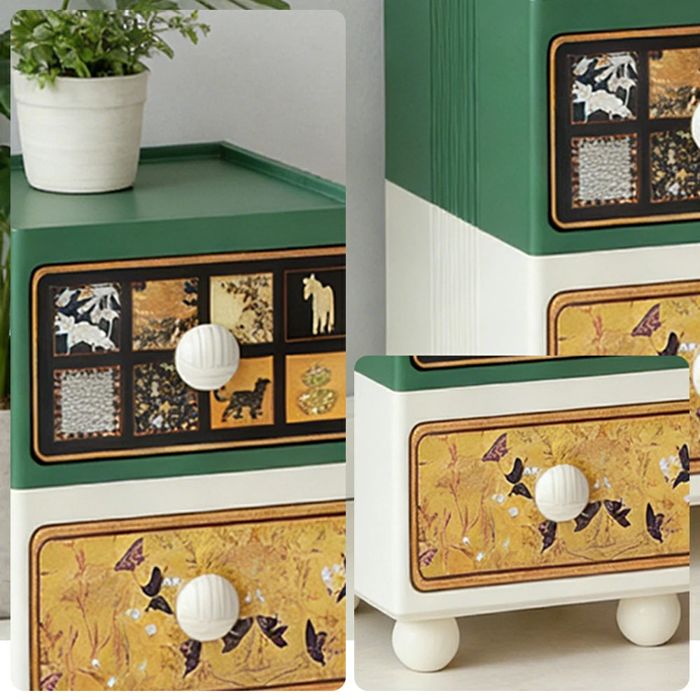 LIVARA Vintage Pony Nightstand – Double Drawer Bedside Table with Eco PE Body, Rounded Edges & Decorative Art Panels, Compact Storage Cabinet - Retro Green & Cream Pony