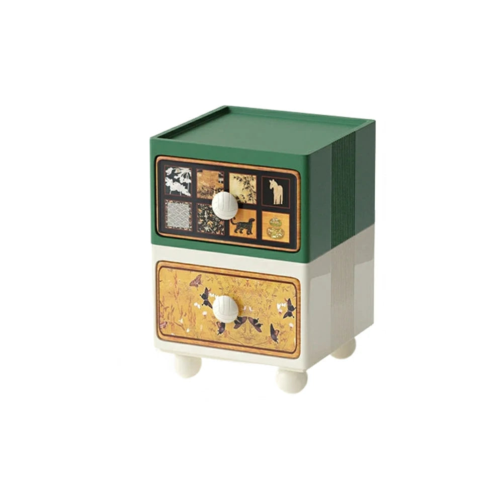 LIVARA Vintage Pony Nightstand – Double Drawer Bedside Table with Eco PE Body, Rounded Edges & Decorative Art Panels, Compact Storage Cabinet - Retro Green & Cream Pony