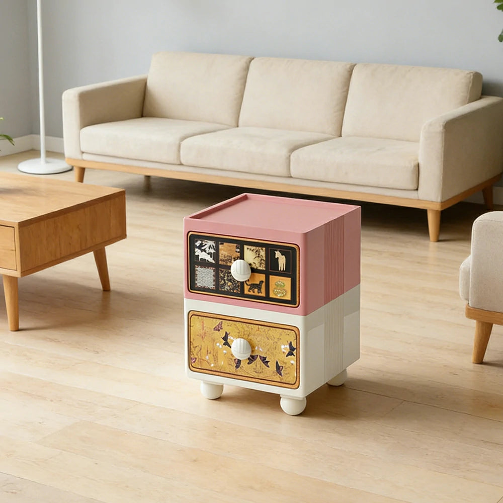 LIVARA Vintage Pony Nightstand - Double Drawer Bedside Table with Eco PE Body, Rounded Edges & Decorative Art Panels, Compact Storage Cabinet - Apricot Pink & Cream Pony