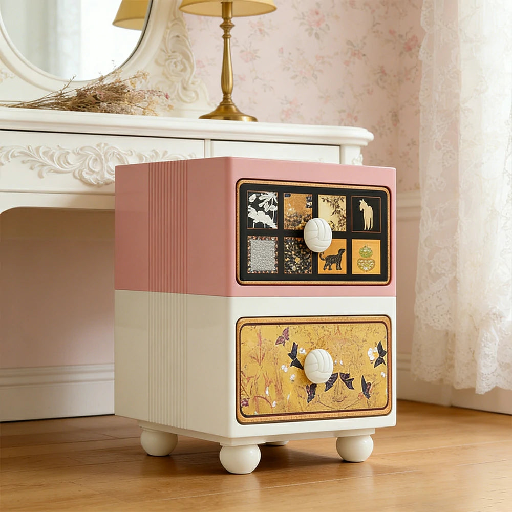LIVARA Vintage Pony Nightstand - Double Drawer Bedside Table with Eco PE Body, Rounded Edges & Decorative Art Panels, Compact Storage Cabinet - Apricot Pink & Cream Pony