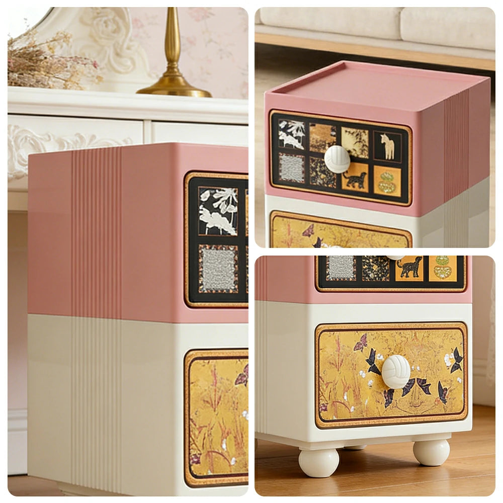 LIVARA Vintage Pony Nightstand - Double Drawer Bedside Table with Eco PE Body, Rounded Edges & Decorative Art Panels, Compact Storage Cabinet - Apricot Pink & Cream Pony