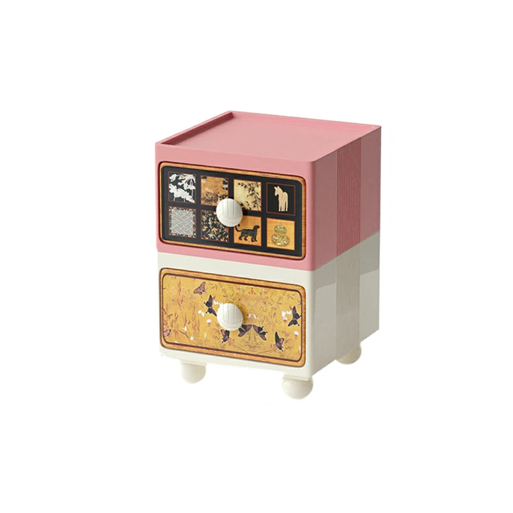 LIVARA Vintage Pony Nightstand - Double Drawer Bedside Table with Eco PE Body, Rounded Edges & Decorative Art Panels, Compact Storage Cabinet - Apricot Pink & Cream Pony