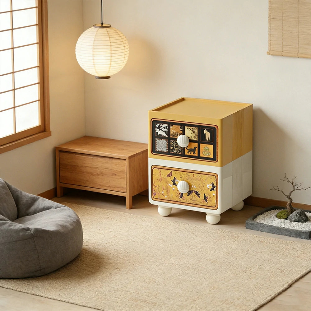LIVARA Vintage Pony Nightstand – Double Drawer Bedside Table with Eco PE Body, Rounded Edges & Decorative Art Panels, Compact Storage Cabinet - Yellow & Cream Pony