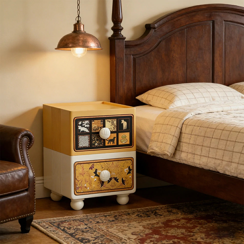 LIVARA Vintage Pony Nightstand – Double Drawer Bedside Table with Eco PE Body, Rounded Edges & Decorative Art Panels, Compact Storage Cabinet - Yellow & Cream Pony