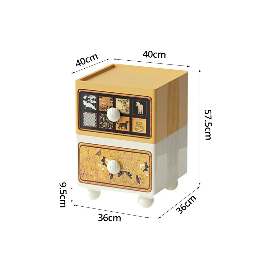 LIVARA Vintage Pony Nightstand – Double Drawer Bedside Table with Eco PE Body, Rounded Edges & Decorative Art Panels, Compact Storage Cabinet - Yellow & Cream Pony
