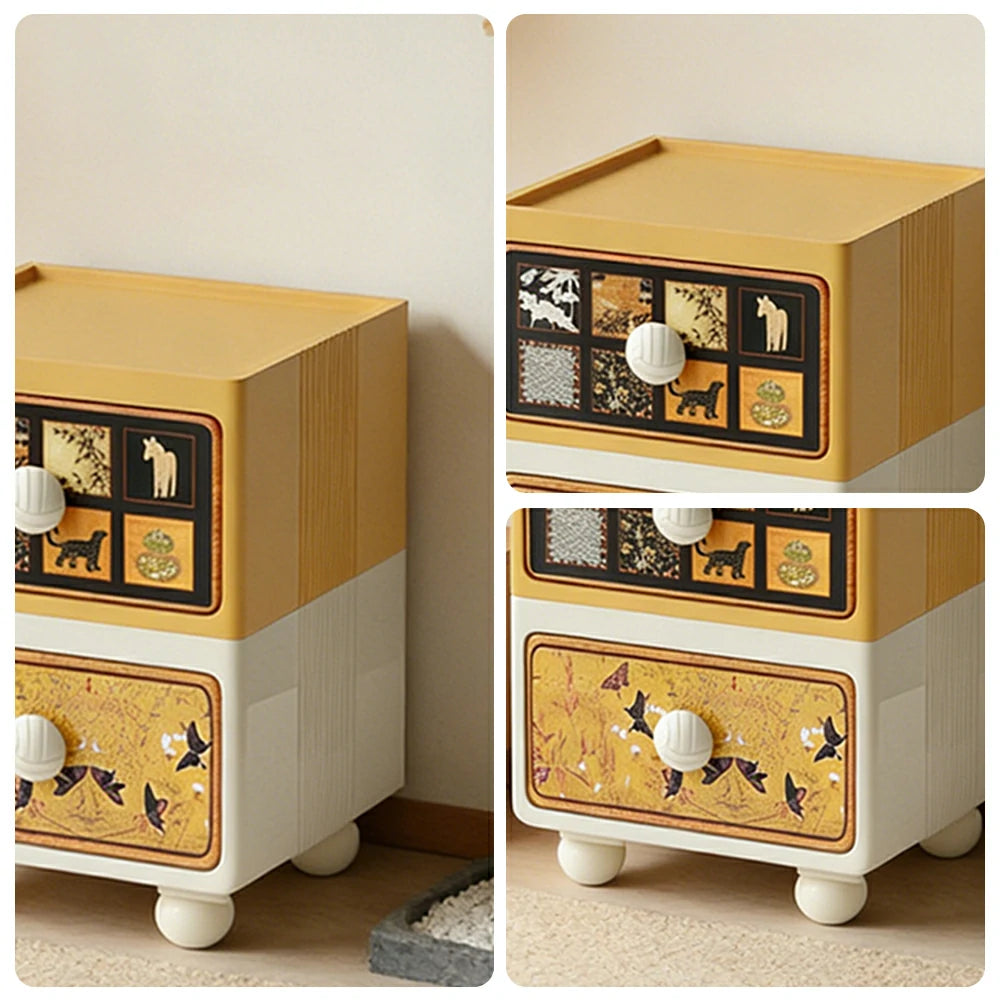 LIVARA Vintage Pony Nightstand – Double Drawer Bedside Table with Eco PE Body, Rounded Edges & Decorative Art Panels, Compact Storage Cabinet - Yellow & Cream Pony