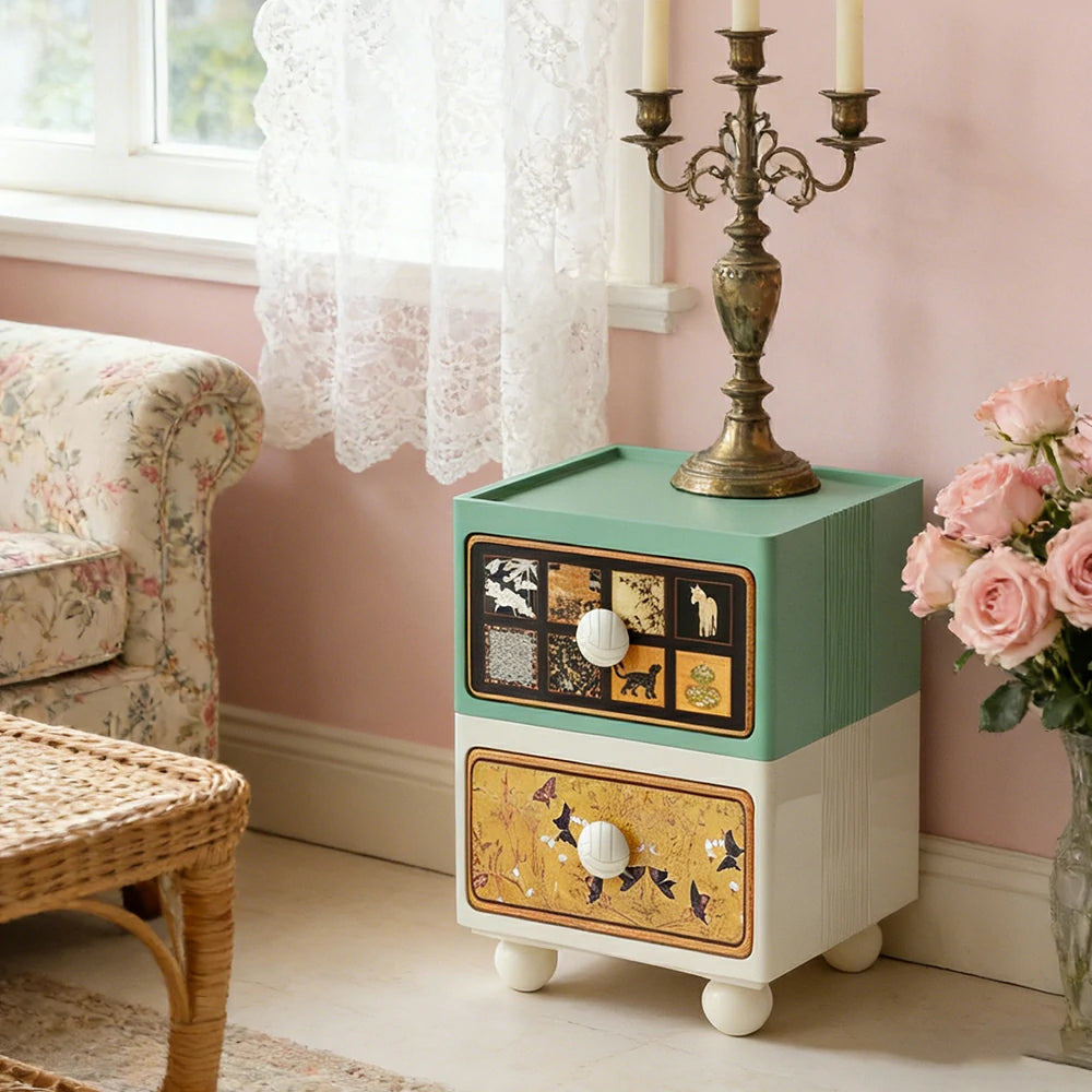 LIVARA Vintage Pony Nightstand - Double Drawer Bedside Table with Eco PE Body, Rounded Edges & Decorative Art Panels, Compact Storage Cabinet - Dusty Sage & Cream Pony