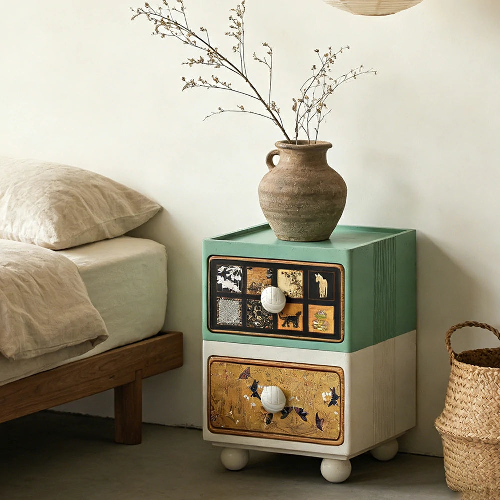 LIVARA Vintage Pony Nightstand - Double Drawer Bedside Table with Eco PE Body, Rounded Edges & Decorative Art Panels, Compact Storage Cabinet - Dusty Sage & Cream Pony