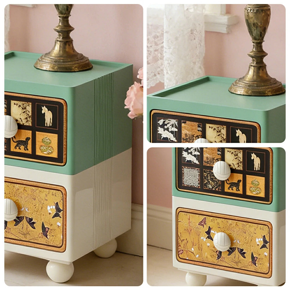 LIVARA Vintage Pony Nightstand - Double Drawer Bedside Table with Eco PE Body, Rounded Edges & Decorative Art Panels, Compact Storage Cabinet - Dusty Sage & Cream Pony