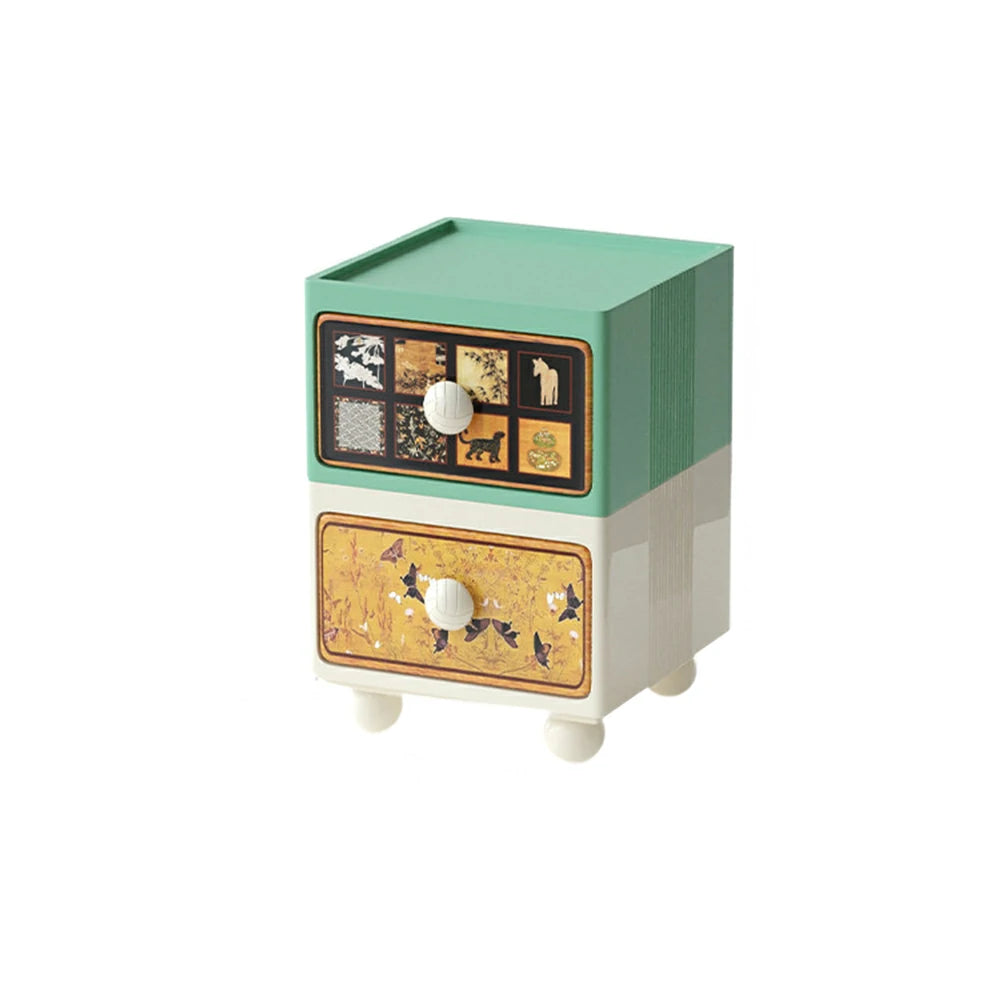 LIVARA Vintage Pony Nightstand - Double Drawer Bedside Table with Eco PE Body, Rounded Edges & Decorative Art Panels, Compact Storage Cabinet - Dusty Sage & Cream Pony