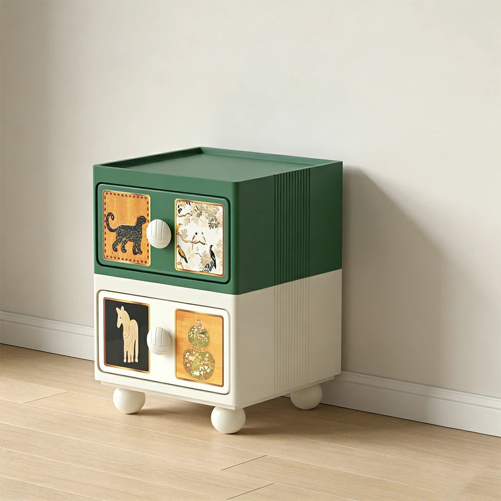 LIVARA Vintage Pony Nightstand - Double Drawer Bedside Table with Eco PE Body, Rounded Edges & Decorative Art Panels, Compact Storage Cabinet - Retro Green & Cream Leopard